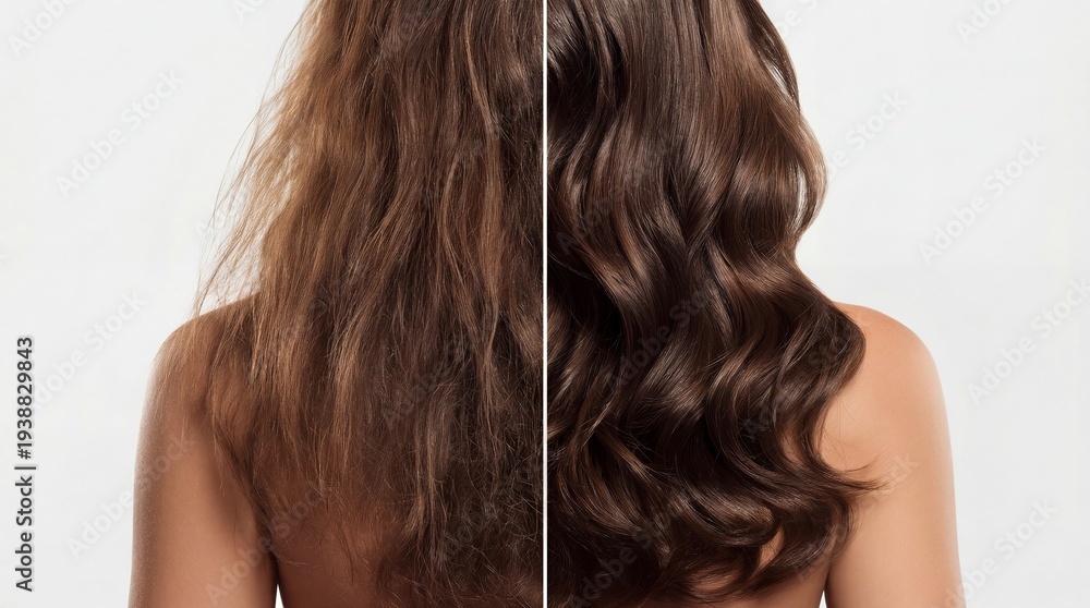 Fototapeta premium Split image highlights dramatic hair repair as dry frizzy strands become sleek flowing waves, emphasizing professional haircare results and glossy healthy texture.