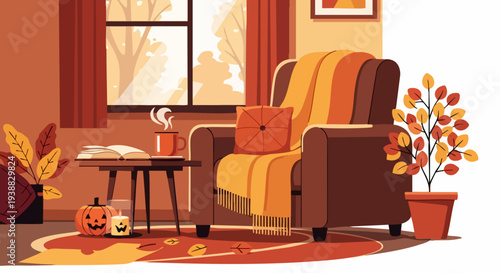 Cozy armchair with autumn blanket and decorations.