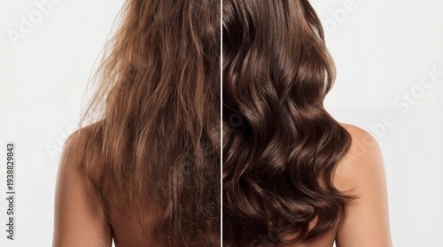 Split image highlights dramatic hair repair as dry frizzy strands become sleek flowing waves, emphasizing professional haircare results and glossy healthy texture.