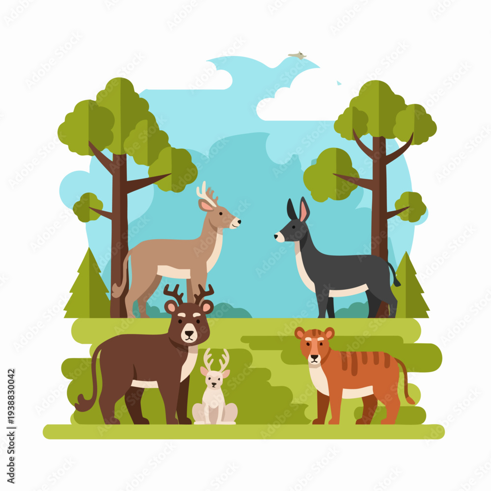 Naklejka premium Diverse Group of Wild and Domestic Animals in a Natural Setting.