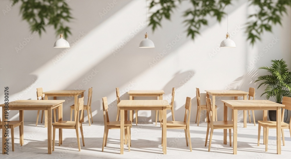 Fototapeta premium Bright Minimalist Cafe Interior with Wooden Tables, Chairs, and Sunlight Shadows