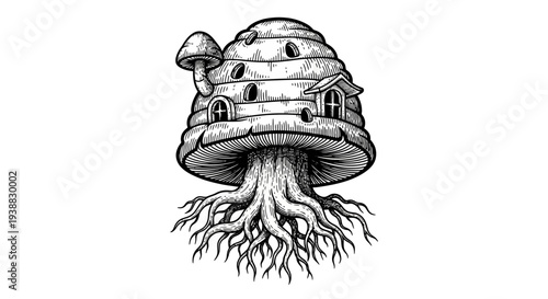 Whimsical Mushroom House with Intricate Roots Black and White Illustration.