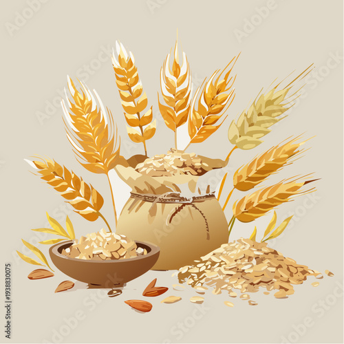 Golden Wheat Ears Arching Over a Burlap Sack and Bowl Filled with Rolled Oats and Grains on a Neutral Background Subtle Lighting Highlights Texture and Warm Tones