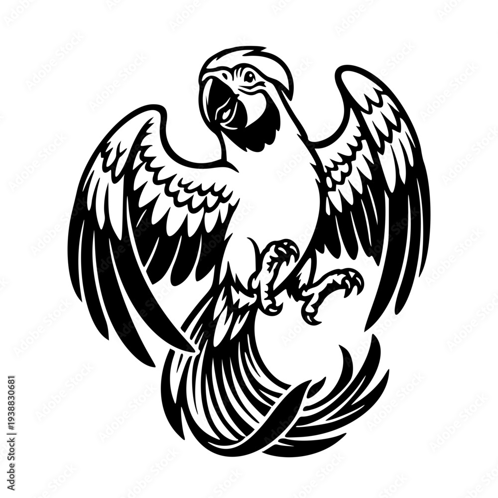 Fototapeta premium Flying Macaw Parrot Illustration – Majestic Tropical Bird with Spreading Wings and Long Tail Silhouette Icon
