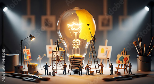 Miniature artists painting yellow color on glowing light bulb
