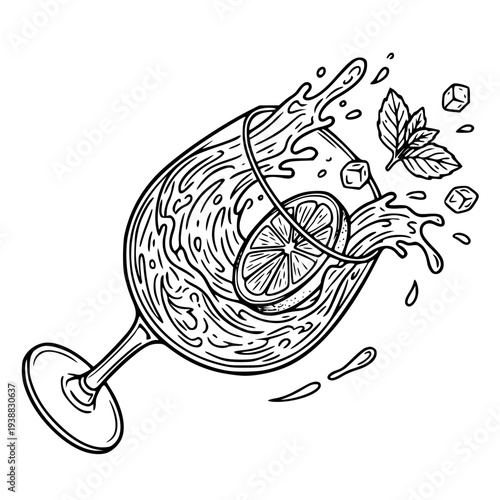 Refreshing Lemon Cocktail with Ice and Mint Splash – Hand-Drawn Summer Beverage Illustration