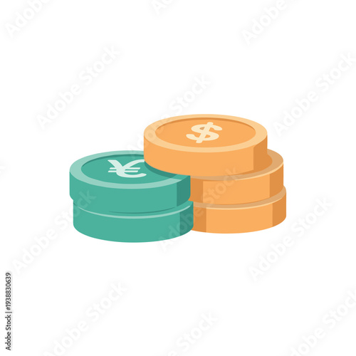 Stacks of international currency coins for global finance