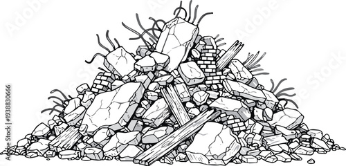 Rubble debris illustration, collapsed structure, broken concrete, scattered bricks, twisted rebar, splintered wood, demolition aftermath, urban decay, construction waste, disaster scene, ruins vector