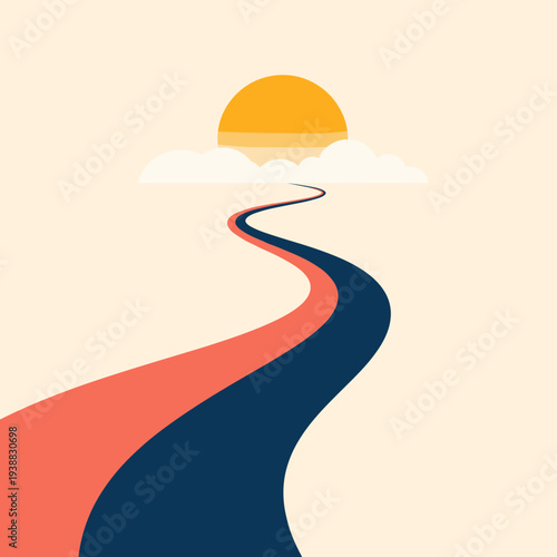 Winding road to sunset with vibrant orange and blue hues