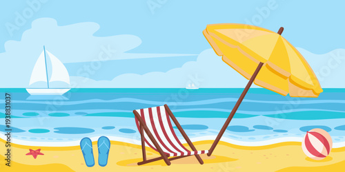 A tranquil beach scene featuring a yellow umbrella and relaxing seaside items