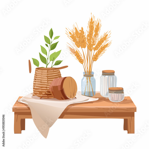 Rustic Farmhouse Still Life Wooden Table Display Wheat Stalks Green Plant in Wicker Basket and Glass Jars Filled with Grains and Spices Warm Natural Light on White Background