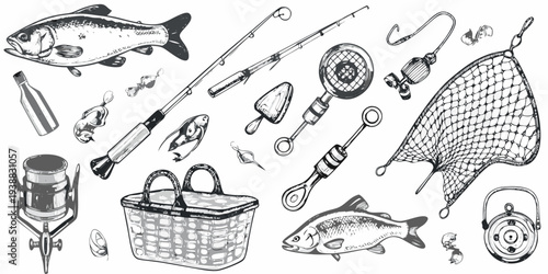 Vintage style illustration of fishing equipment and various fish species
