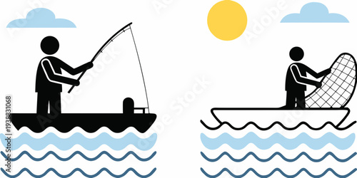 Simple illustration depicting two figures fishing on a wavy body of water