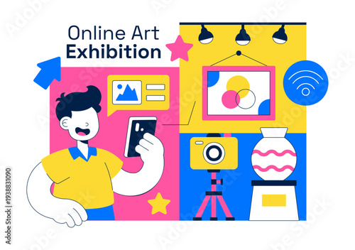 Online Art Exhibition Virtual Gallery Digital Artwork Showcase Illustration Featuring People Viewing Creative Paintings Through Laptop Screen