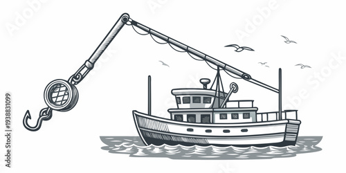Vintage illustration of a fishing boat with a crane and seagulls