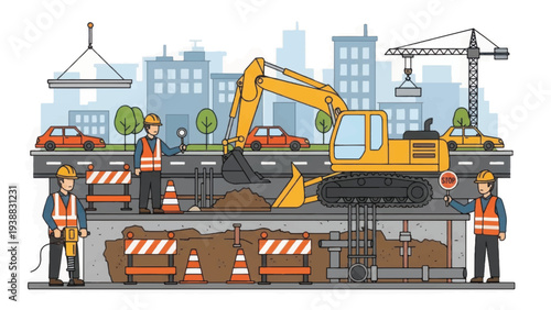 Urban infrastructure repair illustration. Construction workers, excavator, and road cross-section showing underground utility pipe installation and maintenance.