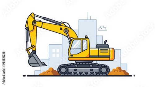 Yellow Excavator Construction Machine Working on Urban Building Site | Heavy Equipment Line Art Illustration