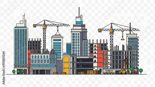 Hand-Drawn City Construction Site Illustration. Urban Skyline Development with Tower Cranes and Skyscraper Buildings in Architectural Sketch Style.
