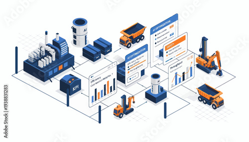 Isometric illustration of smart mining and heavy industry operations.