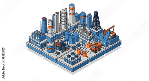 Isometric Industrial Complex with Oil Rigs and Storage Tanks.