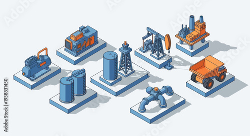 Isometric Industrial Elements Collection Representing Various Industries.
