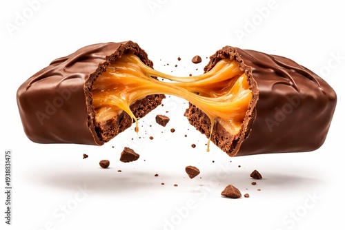 A 3D semi-realistic broken chocolate bar revealing flowing caramel filling stretching between two halves, with small chocolate crumbs falling. With glossy chocolate coating, smooth caramel texture
