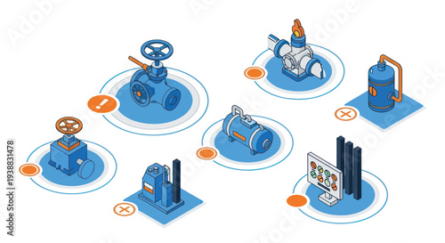 Isometric Industrial Equipment and Valves for Process Control.