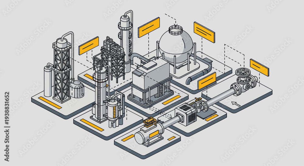Obraz premium Isometric Industrial Plant Diagram with Detailed Machinery.