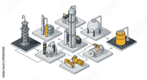 Isometric Industrial Plant Diagram Illustrating Complex Manufacturing Processes.