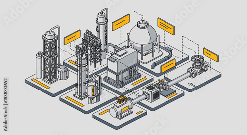 Isometric Industrial Plant Diagram with Detailed Machinery.