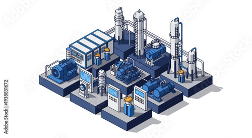 Isometric Industrial Plant with Multiple Structures and Workers.