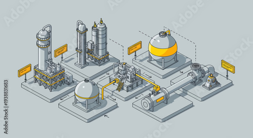 Isometric Industrial Plant with Storage Tanks and Processing Units.