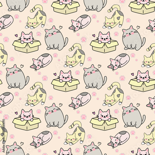 Cute Kawaii Cats Seamless Pattern Background. Playful seamless pattern with adorable cats and paw prints in kawaii style. Great for textiles, wrapping paper, kids products, wallpaper, and nursery 