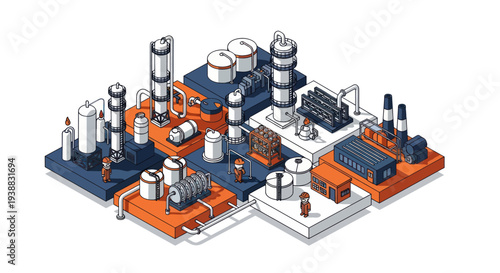 Isometric Industrial Plant with Storage Tanks and Processing Units.