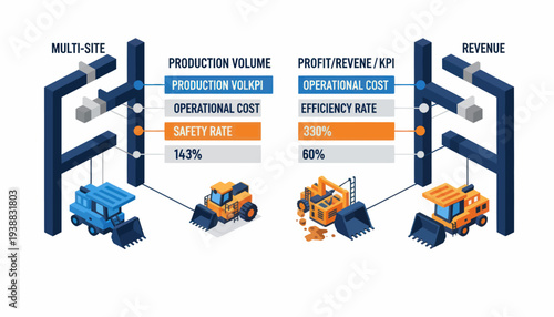 Isometric Infographic of Construction Site Production and Revenue Metrics.