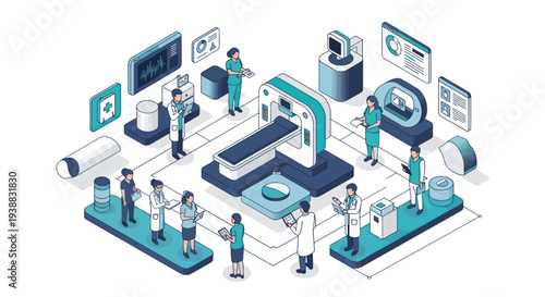 Isometric Medical Imaging and Diagnosis with Doctors and Equipment.
