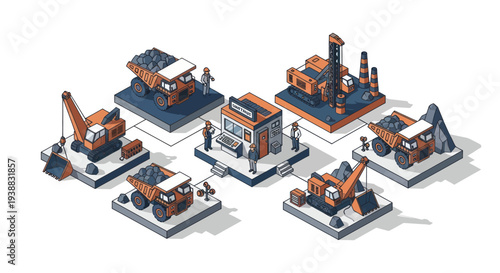 Isometric Mining and Construction Vehicles with Central Building.