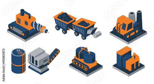 Isometric Mining and Industrial Equipment Set for Resource Extraction.