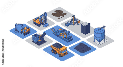 Isometric Mining and Processing Equipment for Resource Extraction.