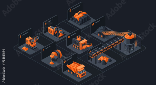 Isometric Mining and Quarrying Industry Process Flow Diagram.