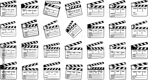 Cinema Production Clapperboard Line Art Collection. Black and White Movie Slate Outline Icons for Film and Entertainment Industry Design.