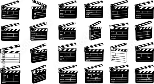 Film Industry Clapperboard Icons Set - Black and White Glyph and Line Art Movie Slates for Cinema Production and Video Editing