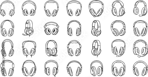 Audio Technology Headphones and Headsets Black  White Hand-drawn Line Art Outline Icons Set