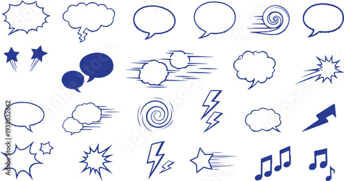 A dynamic collection of hand-drawn comic book elements in a monochrome blue palette, featuring various speech bubbles, lightning bolts, music notes, and motion effect swirls.