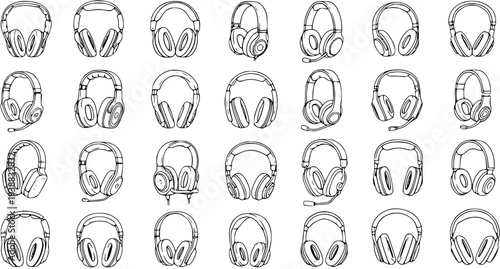 Diverse Technology Audio Headphones and Headsets Black and White Line Art Vector Icon Set. Hand-drawn Outline Collection for Music, Gaming, and Communication Devices.