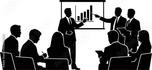 Business analyst presenting growth chart to corporate group silhouette