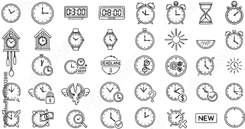 Time Management Business Concepts - Doodle Black  White Line Art Clocks, Watches, and Timers Icon Set