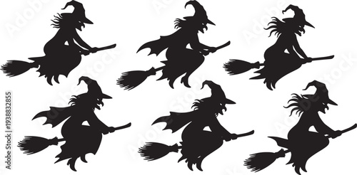 Fotografie Black Solid Glowing Eyes Witch Silhouettes Set of Six on White Background