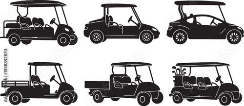 Black Solid Diverse Golf Cart Silhouettes Set of Six on White Background