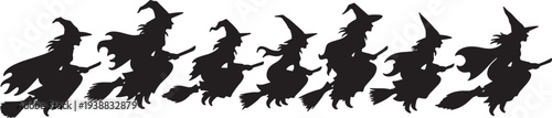 Black Solid Graceful Witch Glide Silhouettes Set of Six on White Background
